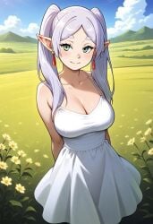 ai_generated clothed elf elf_ears elf_female frieren frieren_beyond_journey's_end grass looking_at_viewer needmymommy skirt wholesome wind