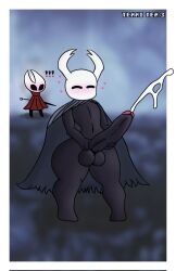 anthro being_watched big_balls big_penis cum cumshot ejaculation handjob heart_symbol hips hollow_knight hornet_(hollow_knight) huge_balls huge_cock looking_pleasured masturbation nude nude_male protagonist_(hollow_knight) team_cherry thick_thighs