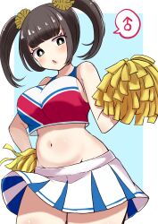 1boy absurdres aqua_background belly black_eyes blush breasts bright_pupils busty_boy check_commentary commentary_request cowboy_shot crossdressing crossdressing_(mtf) gay green_eyes hair_ornament highres large_breasts lipstick long_hair makeup male male_with_breasts mars_symbol midriff miniskirt open_mouth original pleated_skirt plump pom_pom_(cheerleading) pom_pom_(clothes) pom_pom_hair_ornament simple_background sissy skirt strapless tube_top twintails vae white_pupils white_skirt