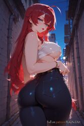 1girls 2025 ahoge ai_generated alley ass ass_focus bangs bare_shoulders belt big_ass big_breasts blue_eyes blush breasts covered_nipples crop_top denim earrings female female_focus female_only from_behind hair_between_eyes high_school_dxd huge_ass jeans jewelry large_breasts light-skinned_female light_skin long_hair looking_at_viewer looking_back night nsfw outdoors pants red_hair rias_gremory rognezart shirt sky sleeveless sleeveless_shirt solo thighs underboob very_long_hair watch wristwatch