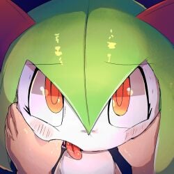 2025 blush blush_lines digital_media_(artwork) eyebrow_through_hair eyebrows finger_in_mouth generation_3_pokemon green_hair hair hand_on_mouth hi_res horn human humanoid humanoid_hands kirlia lodetail mammal nintendo not_furry open_mouth orange_eyes pokemon pokemon_(species) red_eyes red_horn tongue tongue_out translucent translucent_hair white_body white_skin
