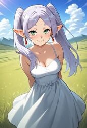 ai_generated clothed elf elf_ears elf_female frieren frieren_beyond_journey's_end grass looking_at_viewer needmymommy skirt wholesome wind