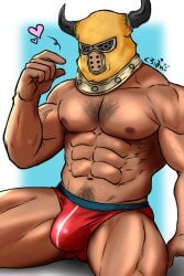 2d 2d_(artwork) 2d_artwork arm_bent balo bara black_horns black_text buldge chest_hair cosplay crossover dragon_quest fanart final_fantasy_xiv gay gay_male headwear heart_symbol horns japanese_text male mask masked masked_male muscular muscular_male navel nipples no_sex nsfw partially_clothed pecs pectorals pubic_hair red_underwear roegadyn sitting solo solo_focus solo_male tan_body tan_skin thick_thighs thug_(dragon_quest)_(cosplay) underwear video_game_character yaoi yellow_mask