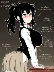 1girls absurd_res absurdres arrow arrow_(symbol) big_breasts black_hair black_shirt blush breasts clothing female female_only grey_skirt hair highres huge_breasts long_hair mature mature_female mature_woman milf mother pinkflamingoart ponytail renee_graves shirt side_view sideboob skirt solo solo_female spanish_text text the_coffin_of_andy_and_leyley tied_hair translation_request