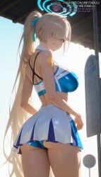 1girls ai_generated alternate_costume ass asuna_(blue_archive) asymmetrical_bangs back bare_arms bare_shoulders blonde_hair blue_archive blue_eyes blue_panties blue_sports_bra blush breasts cheerleader cowboy_shot crop_top day female from_behind grin hair_over_one_eye hair_ribbon halo large_breasts light_brown_hair long_bangs long_hair looking_at_viewer looking_back meitabuu midriff millennium_cheerleader_outfit_(blue_archive) miniskirt outdoors panties panty_peek pantyshot parted_lips pleated_skirt ponytail ribbon sign skirt smile solo sports_bra standing tattoo thighs two-tone_skirt two-tone_sports_bra underbuttasuna_(blue_archive) underwear very_long_hair white_skirt