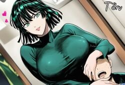 1boy 1girls ai_generated breasts clothed clothing fubuki_(one-punch_man) green_clothing green_eyes green_hair one-punch_man smiling t8r taller_girl tight_clothing