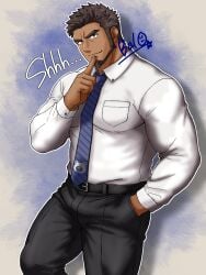 2025 artist_name artist_signature balo bara bear belt black_belt black_pants brown_hair bulge chinstrap_beard clothed clothed_male collared_shirt english_text finger_to_lips finger_to_mouth gay gay_male hand_in_pocket high_resolution highres looking_at_viewer male muscular muscular_arms muscular_male necktie no_sex original original_character pocket sfw shushing simple_background smiling smiling_at_viewer solo solo_focus solo_male standing striped_necktie tan_body tan_skin tie white_shirt white_text yaoi