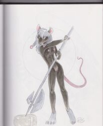 akna_(bahumot) anthro areola axe black_body black_fur braided_hair braided_pigtails breasts cheese cheese_wheel dairy_products dhstein feet female food fur genitals grey_hair hair halberd hi_res holding_melee_weapon holding_object holding_weapon looking_at_viewer mammal melee_weapon murid murine nipples nude nude_anthro nude_female polearm rat rat_tail rodent simple_background small_breasts solo standing tail traditional_media_(artwork) twintails vulva weapon