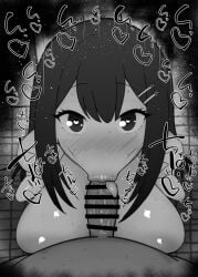 1boy 1girls :>= big_penis black_and_white blush censored danjo_no_yuujou_wa_seiritsu_suru? detailed_background drooling enomoto_rion eyelashes fellatio female heart heart-shaped_pupils human indoor inside kurotama long_hair looking_at_viewer male male_pov oral oral_sex penis room saliva school_uniform shiny shiny_skin sketch sound_effects squatting student sweat text tongue_out vein veins veiny veiny_penis
