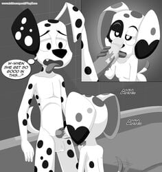 101_dalmatian_street 101_dalmatians absurd_res anthro anthro_on_anthro balls black_and_white breasts canid canine canis da_vinci_(101_dalmatians) dalmatian disney domestic_dog duo dylan_(101_dalmatians) english_text erection female greyscale hi_res incest licking male mammal monochrome nude oral penile penis penis_lick playzone sex small_breasts straight text thought_bubble tongue tongue_out