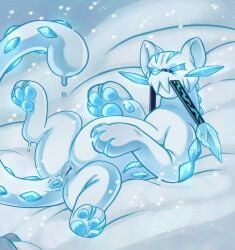 anus ass blue_eyes blue_pawpads bodily_fluids chien-pao fangs felid feline female feral fur generation_9_pokemon genital_fluids genitals hi_res humanoid_genitalia humanoid_vulva legendary_pokemon looking_at_viewer mammal markings nintendo pantherine pawpads pokemon pokemon_(species) prince-vulpine simple_background snow snow_leopard solo spread_legs spreading tail teeth vulva white_body white_fur