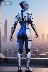 1girls ai_generated alien artist_name asari ass blue_eyes blue_skin bodysuit boots building city cityscape colored_skin female from_behind full_body gloves hi_res liara_t'soni looking_at_viewer looking_back mass_effect mass_effect_2 mass_effect_3 r34arts short_hair solo standing