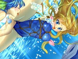 2girls air_bubble asphyxiation bondage bound breasts breath bubble closed_eyes crotch_rope drowning female female_focus holding_breath mermaid monster_girl multiple_girls nipples open_mouth original peril rope sweetsprite swimsuit underwater yuri