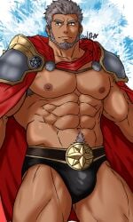 2025 2d 2d_(artwork) 2d_artwork adult adult_male armpit_hair artist_name artist_signature balo bara belt black_underwear bulge cape chinstrap_beard fit_male gay gay_male grey_beard grey_eyebrows grey_hair high_quality high_resolution highres looking_off_screen male muscles muscular muscular_male navel no_pants no_sex no_shirt original original_art original_artwork original_character partially_clothed pecs pectorals pentagram red_cape shoulder_armor simple_background smiling solo solo_focus solo_male standing tan_body tan_skin thick_eyebrows thick_thighs yaoi