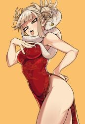 1girls alternate_costume animal animal_around_neck blonde_hair blunt_bangs boku_no_hero_academia breasts chinese_clothes chinese_zodiac commentary dress english_commentary fangs female hair_bun highres himiko_toga looking_at_viewer messy_hair open_mouth pietheunusual red_dress short_hair simple_background sleeveless sleeveless_dress slit_pupils snake snake_wrapped_around_neck solo teeth thick_thighs thighs toga_himiko unusualpie white_snake year_of_the_snake yellow_eyes