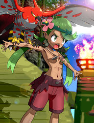 1girls 3_toes abs ambiguous_gender armpits avian blush breasts claws clothed convenient_censoring covered_nipples dark-skinned_female dark_skin day feet fire flower green_eyes green_hair hairband long_hair mallow_(pokemon) necklace nintendo nude outdoors pokemon pokemon_(species) pokemon_sm pokemon_xy rorretsim shorts small_breasts solo_focus talonflame topless twintails