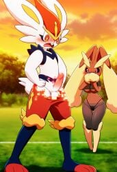 ai_generated cinderace clothed_female_nude_male embarrassed lopunny nintendo outdoors penis pokemon pokemon_(species) public_nudity shocked thong torn_clothes transparent_clothing wardrobe_malfunction