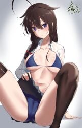 1girls ahoge antenna_hair arm_support belly belly_button bikini bikini_bottom bikini_top blue_bikini blue_bikini_bottom blue_bikini_top blue_eyes blue_eyes_female blue_string_bikini blue_swimsuit blue_swimwear blush blush_face blushing_female braid braided_hair braided_ponytail breasts brown_eyebrows brown_hair brown_hair_female calves collarbone female female_focus female_only fingers full_body groin hair_between_eyes hair_tie halterneck head_tilt high_resolution highres kantai_collection knees lanthan large_breasts lean_figure leggings legs legs_apart legs_spread legwear long_hair looking_at_viewer midriff narrow_waist navel open_clothes open_clothing open_shirt open_topwear over-kneehighs partially_exposed_vulva partially_visible_vulva ponytail pussy shigure_(kantai_collection) shirt shoulders simple_background sitting sitting_on_ass sitting_on_floor sitting_on_ground skirt skirt_lift skirt_pull skirt_up slender_body slender_waist slim_waist solo spread_legs spreading_legs spreading_thighs stockings string_bikini swimsuit swimwear thick_thighs thigh_highs thighhighs thighs tilted_head unbuttoned unbuttoned_shirt white_background white_shirt white_topwear zettai_ryouiki