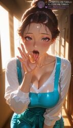 1girls ai_generated apron beauty_and_the_beast belle blue_apron blush breasts brown_eyes brown_hair cleavage collarbone disney disney_princess fellatio_gesture hair_bun hallway indoors large_breasts long_sleeves looking_at_viewer makeup mature_female meitabuu open_mouth oral_invitation saliva saliva_dripbelle_(beauty_and_the_beast) saliva_trail sexually_suggestive shirt solo sunlight sweat tongue tongue_out wet white_shirt window