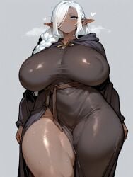 ai_generated areolae_visible_through_clothing bare_thighs blue_eyes braided_hair dark-skinned_female dark_elf dark_skin elf elf_ears elf_female gigantic_breasts hair_over_one_eye huge_areolae huge_breasts huge_thighs massive_breasts oatmealdood oiled_body oiled_skin original solo_female squatting sweat sweatdrop thick_body thick_female thick_thighs thighs voluptuous voluptuous_female white_hair