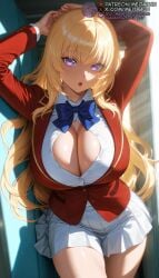 1girls :o ai_generated arms_behind_head arms_up blazer blonde_hair blue_bow blue_bowtie bow bowtie breasts classroom_of_the_elite cleavage collared_shirt cowboy_shot from_above ichinose_honami_(cote) indoors jacket large_breasts long_hair long_sleeves looking_at_viewer lying meitabuu miniskirt open_mouth partially_unbuttonedichinose pleated_skirt purple_eyes red_jacket school_uniform shirt skirt solo sunlight thighs very_long_hair white_shirt white_skirt