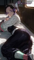 1girls ai_generated ass bed_sheet belt black_hair black_pants breasts bug butterfly butterfly_hair_ornament butterfly_printkochou_shinobu demon_slayer demon_slayer_uniform female gradient_hair grin hair_ornament haori indoors japanese_clothes kimetsu_no_yaiba kochou_shinobu lips long_sleeves looking_at_viewer lying meitabuu multicolored_hair no_pupils on_bed on_side pants parted_bangs parted_lips purple_eyes purple_hair shinobu short_hair sidelocks smile socks solo sunlight tabi two-tone_hair uniform white_belt window