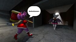 100acrew 2025 2girls amy_rose anthro ass bat bat_girl chestplate dialogue female female_only hammer hedgehog hedgehog_girl humming inside_building mobian mobian_(species) piko_piko_hammer pink_body pink_hair red_dress rouge_the_bat sega sfm sonic_(series) sonic_the_hedgehog_(series) source_filmmaker speech_bubble walking white_hair