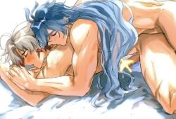 2boys artist_request blue_hair censored closed_eyes completely_nude ear_piercing earrings flins_(genshin_impact) gay gay_male gay_sex genshin_impact grey_hair illuga_(genshin_impact) light-skinned_male light_skin long_hair male male/male male_focus male_only mole mole_under_eye multicolored_hair naked nude penis piercing red_hair scar scars sex sheets short_hair yaoi