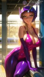 1girls ai_generated arm_support artist_name bare_shoulders big_hero_6 big_hero_6:_the_series blonde_hair blurry blurry_background blush bodysuit breasts cleavage collarbone covered_navel day disney elbow_gloves female gloves green_eyes grin helmet honey_lemon large_breasts long_hair looking_at_viewer makeup marvel marvel_comics meitabuu patreon_username pink_gloves purple_gloves shiny_clothes shiny_skin sitting skin_tight smile solo sweat train web_address wet zipper