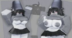 1girls black_hair black_skirt breasts bucket bucket_hat buckethead_(artist) buckethead_(character) crimstuff grey_shirt grey_skin original_character roblox someone_else's_oc tagme