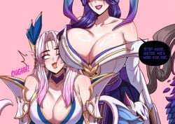 2girls cleavage dialogue female female_only huge_breasts kayle large_breasts league_of_legends morgana revealing_clothes ryuukusnpaiarts text voluptuous