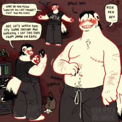 2025 anthro artist_name barefoot biped black_clothing black_hair black_shirt black_t-shirt black_topwear blush blush_lines body_hair bookshelf bottomwear canid canine canis cassette_tape chest_hair cigarette cigarette_in_mouth cigarette_smoke clothed clothed_anthro clothed_male clothing creepypasta digital_drawing_(artwork) digital_media_(artwork) dildo domestic_dog ear_tunnel english_description english_text feet figurine furniture hair happy_trail hi_res holding_object male mammal mastectomy_scar motion_lines multiple_poses navel object_in_mouth onomatopoeia overweight overweight_male pants paper_bag pawpads pose salamanding scar scratching_belly self-harm_scars sex_toy shirt smile.dog smoke solo sound_effects speech_bubble stubble sweatpants t-shirt tail text the_living_tombstone_(music) topless topless_anthro topless_male topwear trans_(lore) trans_man_(lore) watermark white_body
