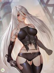 1girls breasts cleavage clothed didi_esmeralda female female_only garter_belt nier nier:_automata patreon solo text thigh_gap thighhighs url watermark wide_hips yorha_a2