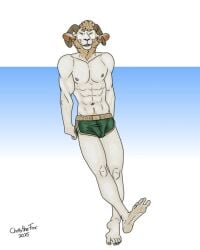 4:5 anthro athletic_wear barefoot bartek22 belly big_ears blonde_hair bottomwear bulge closed_eyes clothing ears_up feet foot_fetish foot_focus gym_bottomwear gym_shorts hair horn hotpants male muscular muscular_anthro muscular_male navel nipples panties pants_only reynard_sheep shorts smile solo teeth teeth_showing underwear