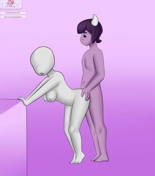 anal anon breasts dalv filler_shmazman grey_skin hand_on_desk hands_on_ass horns male/female monster no_eyes no_nose open_mouth purple_skin standing tiptoes undertale undertale_fanfiction undertale_yellow watermark