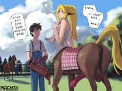 animal_genitalia animal_penis anus balls big_balls big_breasts blonde_hair breasts centaur centorea_shianus_(monster_musume) clothing cum_collecting equid equid_taur equine equine_anus equine_ears equine_genitalia equine_penis erection european_mythology feral genitals greek_mythology group gynomorph hair hi_res huge_breasts human humanoid_taur intersex kimihito_kurusu magnetus male mammal mammal_taur monster_girl_(genre) monster_musume mythology overalls penis pointy_ears puffy_anus raised_tail saggy_balls tail taur vein veiny_balls veiny_penis