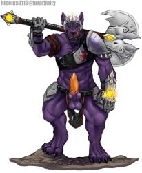 abs absurd_res animal_genitalia animal_penis anthro armor axe battle_axe bodily_fluids canid canine canine_genitalia canine_penis canis chumbasket erection front_view fur genital_fluids genitals glistening glistening_eyes green_eyes hi_res holding_axe holding_object knot licking licking_lips licking_own_lips looking_at_viewer male male_anthro mammal muscular muscular_anthro muscular_male open_mouth orange_penis penis precum precum_on_penis red_body red_fur red_tongue sekotta sharp_teeth simple_background solo standing teeth tongue tongue_out white_background wolf