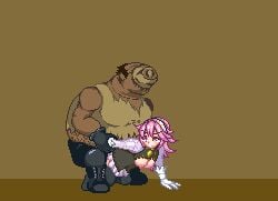1boy animated bent_over boots bouncing_breasts breasts breasts_out buta_yaro cum doggy_style fat fat_man female fire_emblem fire_emblem_fates gambeson gloves grabbing_another's_arm grabbing_from_behind kneeling knuckle_bash large_breasts leaning_on_person lowres male misawa_dmaku non-repeating_animation pig_head pixel_animation pixel_art rape sex simple_background soleil_(fire_emblem) straight torn_clothes
