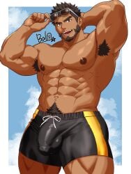 1boy 2025 abs armpit_hair artist_name artist_signature balls balo bara black_swimsuit brown_hair brown_nipples buldge bulge_through_clothing bushy_pubes chinstrap_beard flaccid flaccid_penis gay gay_male hand_behind_head hand_behind_own_head happy_trail high_resolution highres looking_at_viewer male male_only muscles muscular muscular_male muscular_thighs navel nipples no_sex no_shirt nsfw open_mouth original original_character outside pecs pectorals penis shirtless shirtless_male simple_background sky smiling smiling_at_viewer solo solo_focus solo_male spiky_hair standing star sunglasses sunglasses_on_head sunglasses_removed swimming_trunks swimsuit teeth teeth_showing thick_arms thick_penis thick_thighs yaoi