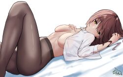1girls ass bare_breasts bare_chest bare_hands bare_midriff bare_skin bare_tits belly breasts breasts_apart brown_eyebrows brown_eyes brown_eyes_female brown_hair brown_hair_female brown_legwear brown_pantyhose calves collarbone exposed_breasts exposed_chest exposed_midriff exposed_skin exposed_tits eyebrows_visible_through_hair female female_focus female_only fingers full_body groin hand_on_breast hand_on_chest hand_on_own_breast hand_on_own_chest head_tilt high_resolution highres knee_up knees lanthan lean_figure legs legwear long_hair looking_at_viewer looking_sideways looking_to_the_side lying lying_down lying_on_back medium_breasts midriff narrow_waist on_back open_clothes open_clothing open_shirt open_topwear original original_art original_artwork original_character pantyhose shirt shoulders simple_background slender_body slender_waist slim_waist solo thick_thighs thighs tilted_head unbuttoned unbuttoned_shirt underboob white_background white_shirt white_topwear