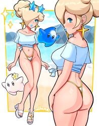 1girls alternate_version_available ass big_ass big_breasts big_lips bikini_bottom bimbo blonde_hair blue_eyes blue_lips blue_lipstick blue_nail_polish blue_nails bottomwear breasts clothing ear_piercing earrings female female_focus footwear hair hair_over_one_eye half-closed_eyes legs legwear lips lipstick looking_back luma mario_(series) mole mole_under_eye multiple_views nail_polish nails nintendo parted_lips ponytail princess_rosalina sandals shirt sideboob sparkles star star_earrings thick_lips thighs tied_hair tied_shirt toenail_polish toenails topwear white_bikini_bottom white_shirt wiluma