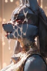 1girl 1girls ai ai_generated anthro cum cum_in_mouth cum_on_face cumshot female fur furry girl lucario lucario_(female) pokemon red_eyes woman