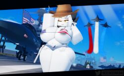 1girls 3d 4th_of_july american_flag_bikini areola_slip areolae ass ass big_ass big_breasts bikini bitting_lip breasts breasts breasts_bigger_than_head chubby_belly chubby_female collar cowboy_hat fanart female_focus female_only goat goat_horns gun large_ass large_breasts not_furry original_character roblox robloxian seesee short_shorts smile sweat thick_thighs twitter_username white_hair white_skin wink