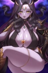 absurdres black_hair black_sleeves breasts cleavage colored_extremities colored_skin detached_sleeves earrings facial_mark fangs female ghee_art gold_earrings gold_thighlet highres indie_virtual_youtuber jewelry large_breasts long_hair necklace open_mouth purple_lips purple_skin single_detached_sleeve snake solo twitch twitch.tv twitter vexoria_the_sun_eater virtual_youtuber vtuber yellow_eyes youtube youtuber
