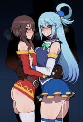 1boy 2girls ai_generated aqua_(konosuba) black_hair blue_hair brown_hair cum kono_subarashii_sekai_ni_shukufuku_wo! megumin opening_door red_eyes runny_makeup