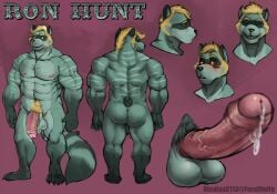 2014 abs anthro artist_name ass balls barazoku bear biceps big_penis blonde_hair blush bodily_fluids brown_eyes chumbasket closed_eyes deltoids erection flaccid foreskin front_view fur genital_fluids genitals glans green_body green_fur grin hair happy hi_res humanoid_genitalia humanoid_penis male male_anthro mammal model_sheet mouth_closed muscular muscular_anthro muscular_male narrowed_eyes nipples nude nude_anthro nude_male pecs penis pink_penis precum precum_on_own_penis procyonid pubes raccoon rear_view red_background ron_hunt short_hair simple_background smile solo standing text trapezius triceps vein veiny_penis worried