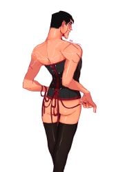 ass back back_view bottomless broad_shoulders corset crossdressing crossdressing_male dilf dockge glasses hips lingerie male medic_(team_fortress_2) narrow_waist older_male ribbons scars tattoo_on_back team_fortress_2 thighhighs wing_tattoo