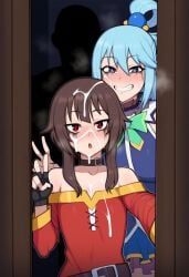 1boy 2girls ai_generated aqua_(konosuba) black_hair blue_hair brown_hair cum kono_subarashii_sekai_ni_shukufuku_wo! megumin opening_door red_eyes runny_makeup