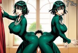 1boy 2girls ai_generated ass ass_bigger_than_head ass_in_face ass_to_ass between_ass between_buttocks between_legs bigger_female fubuki_(one-punch_man) green_eyes green_hair one-punch_man sandwiched smaller_male smile t8r taller_girl tight_clothing