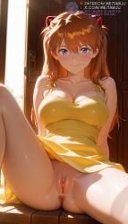 1girls ai_generated alternate_breast_size anus arms_behind_back bare_shoulders blue_eyes blush breasts brown_hair cleavage clitoris closed_mouth clothes_lift collarbone door dress dress_lift fat_mons female hair_between_eyes hair_ornament headgear indoors interface_headsetasuka_langley_sohryu knee_up large_breasts long_hair looking_at_viewer meitabuu neon_genesis_evangelion no_panties orange_hair pussy sitting sleeveless_dress smile solo souryuu_asuka_langley spread_legs sundress sunlight thighs two_side_up uncensored upskirt yellow_dress